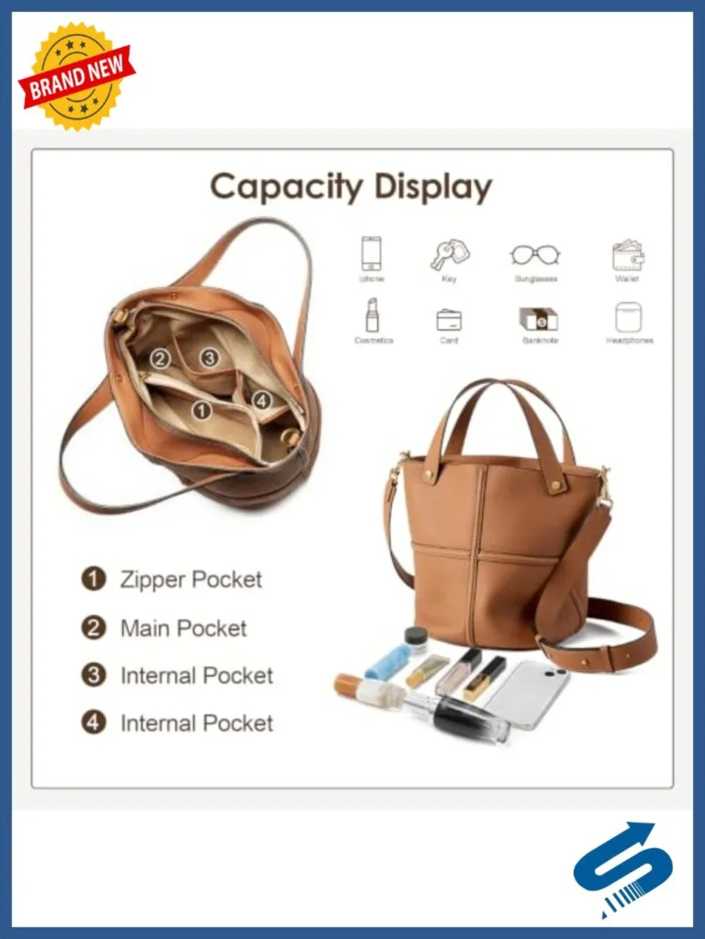 Leather Bucket Crossbody Bag for Women - Adjustable Strap, Top Handle